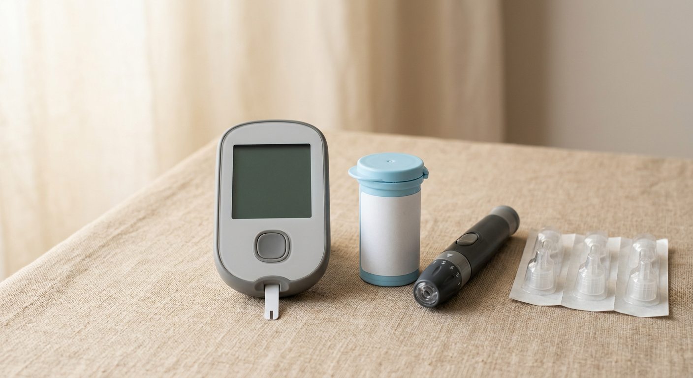 Glucose meter, test strips, lancing device, and pen needles
