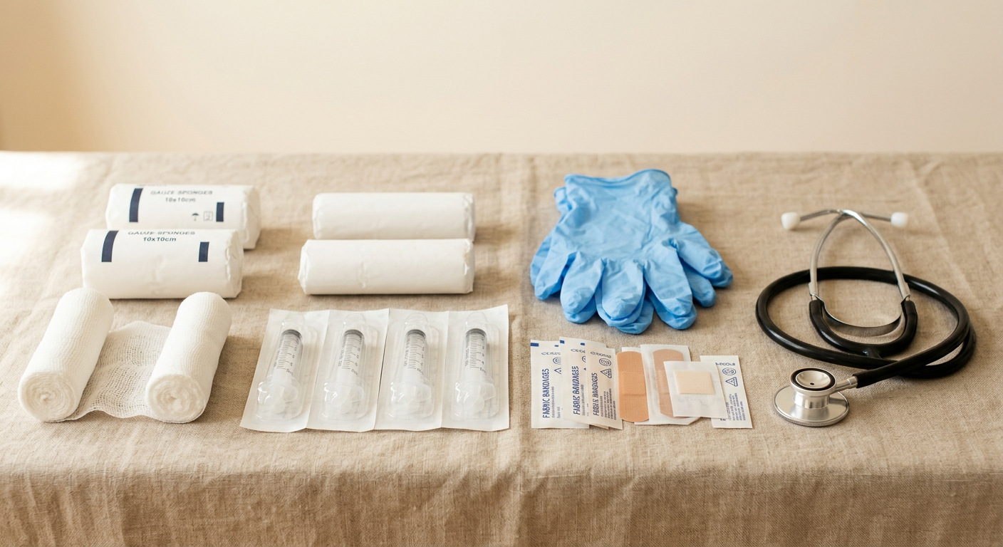 Gauze, sterile syringes, gloves, bandages, and a stethoscope
