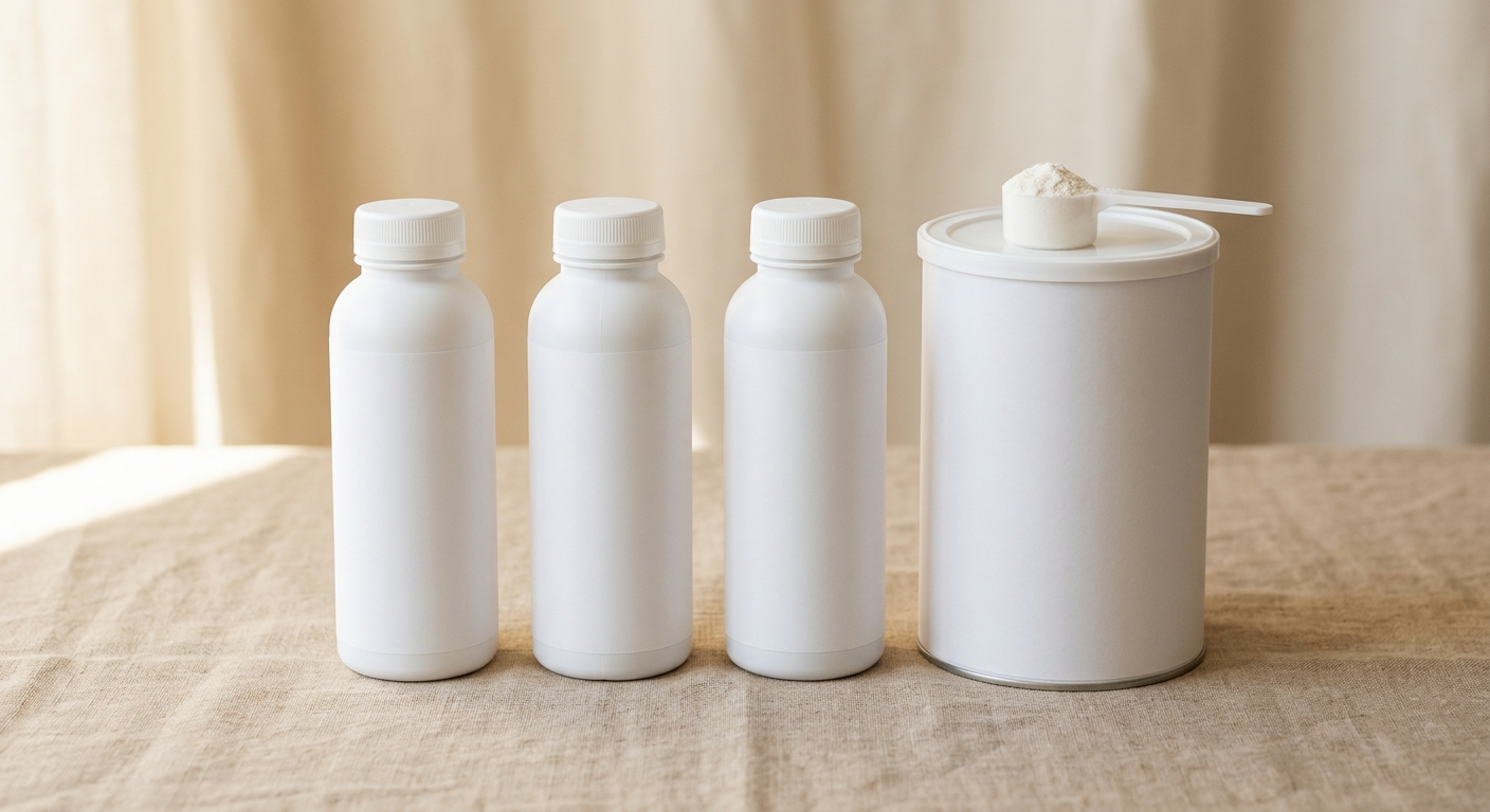 Nutritional shake bottles and a powdered supplement canister