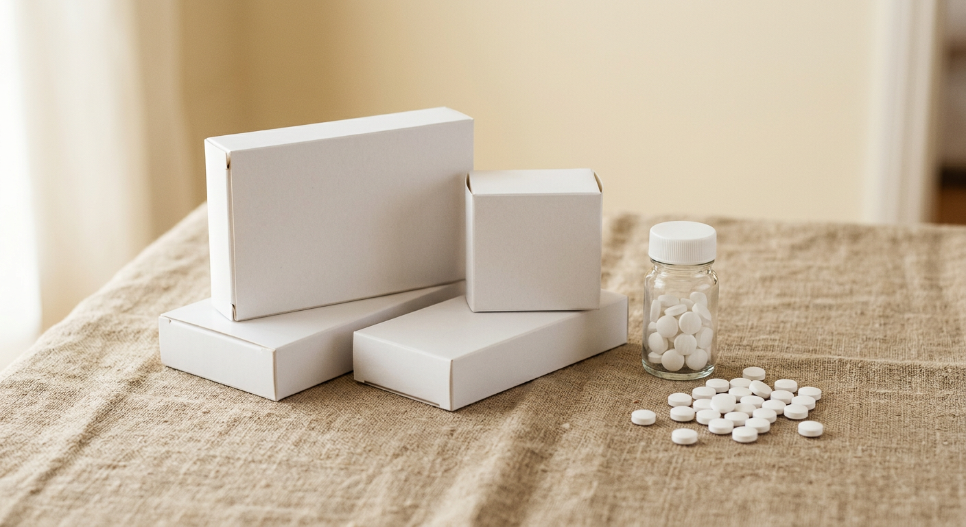 Over-the-counter medicine boxes and tablets