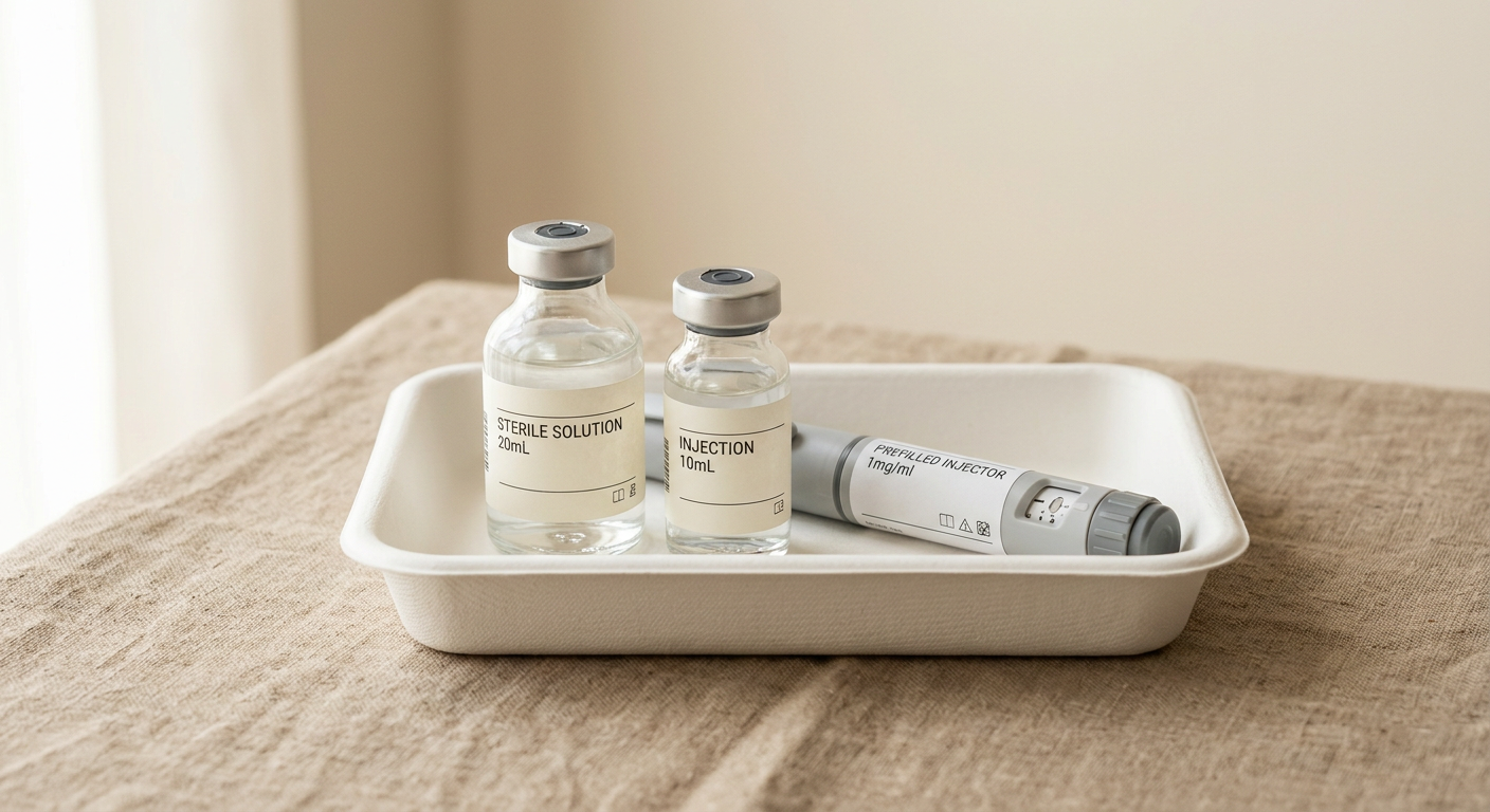 Specialty medication vials and a prefilled injection pen in a tray