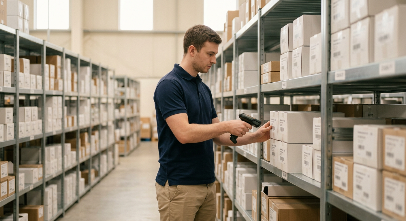 Warehouse associate scanning a sealed medication carton in a pharmaceutical distribution facility