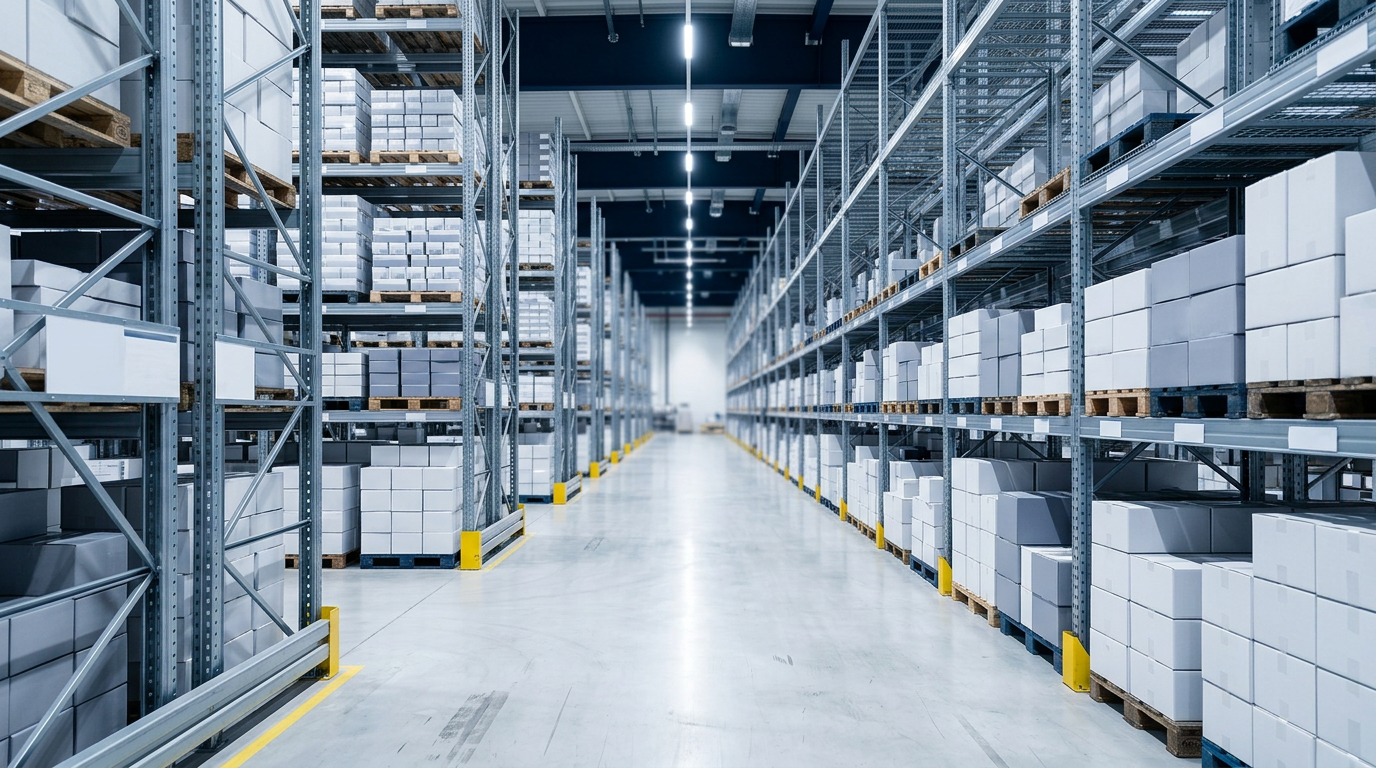 Aisles of sealed pharmaceutical cartons on steel racking in a temperature-controlled distribution facility