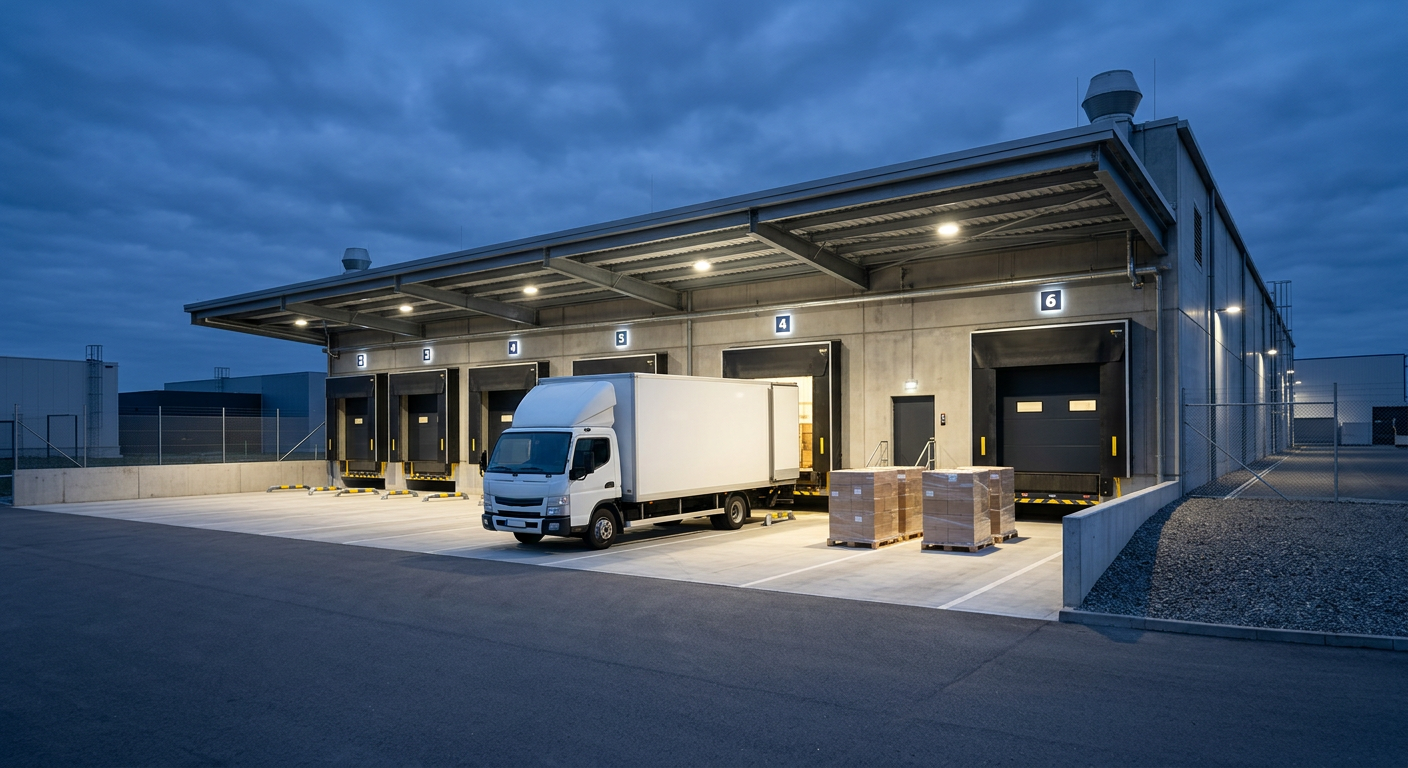 Palletized shipments staged at a distribution center loading dock at dusk